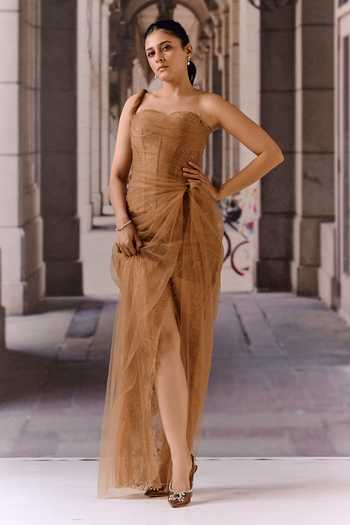 Buy_Maison Aguise_Brown Net, Lace One Shoulder Dress _at_Aza_Fashions