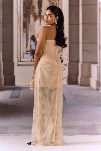 Shop_Maison Aguise_Beige Net, Lace One Shoulder Apricot Dress _at_Aza_Fashions
