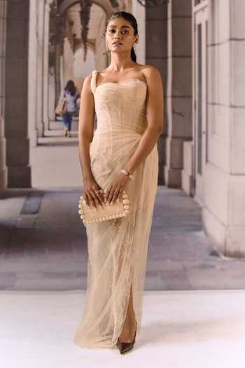 Buy_Maison Aguise_Beige Net, Lace One Shoulder Apricot Dress _at_Aza_Fashions
