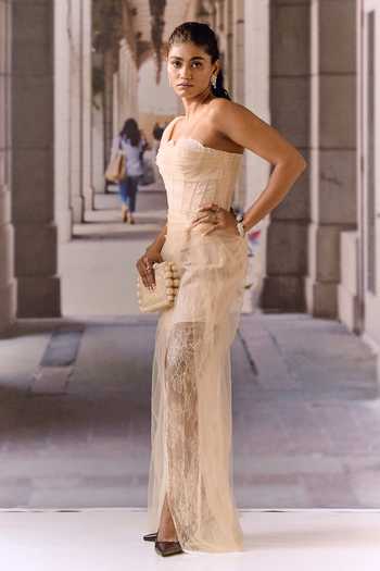 Maison Aguise_Beige Net, Lace One Shoulder Apricot Dress _Online_at_Aza_Fashions
