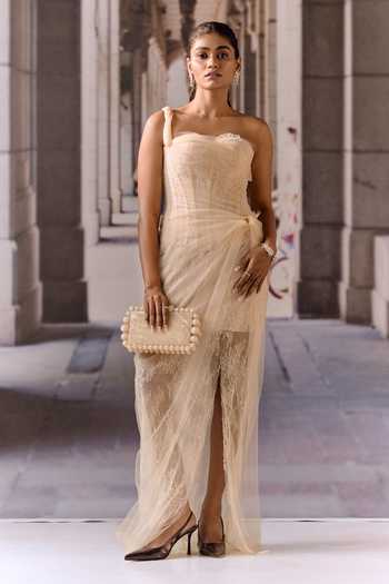 Shop_Maison Aguise_Beige Net, Lace One Shoulder Apricot Dress _Online_at_Aza_Fashions