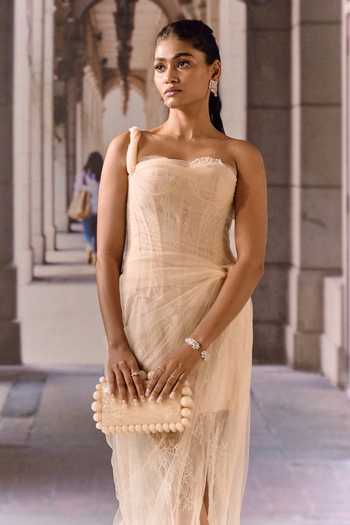 Buy_Maison Aguise_Beige Net, Lace One Shoulder Apricot Dress 