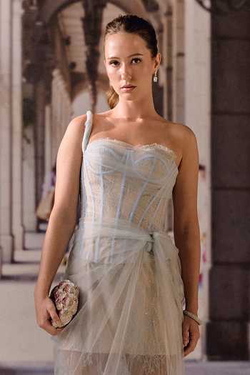 Maison Aguise_Blue Net, Lace One Shoulder Dress _Online_at_Aza_Fashions