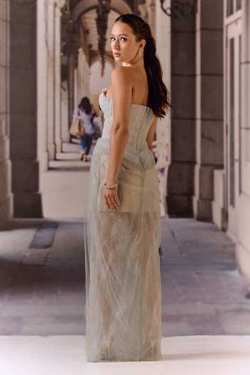 Shop_Maison Aguise_Blue Net, Lace One Shoulder Dress _at_Aza_Fashions