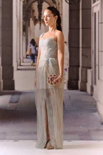 Buy_Maison Aguise_Blue Net, Lace One Shoulder Dress _Online_at_Aza_Fashions