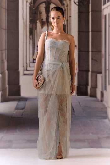 Shop_Maison Aguise_Blue Net, Lace One Shoulder Dress _Online_at_Aza_Fashions