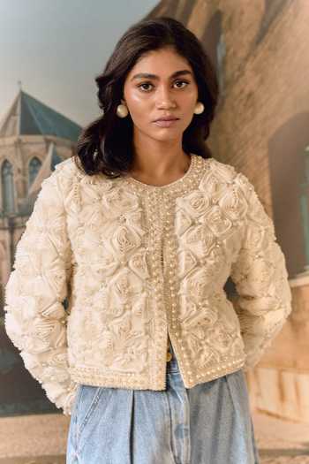 Buy_Maison Aguise_Ivory Silk, Net Round Neck 3d Rose Embellished Cropped Jacket _at_Aza_Fashions