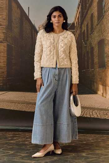 Maison Aguise_Ivory Silk, Net Round Neck 3d Rose Embellished Cropped Jacket _Online_at_Aza_Fashions