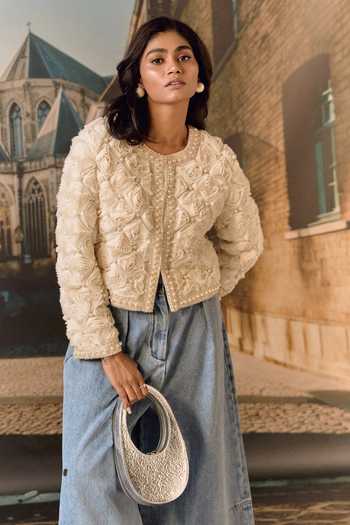 Buy_Maison Aguise_Ivory Silk, Net Round Neck 3d Rose Embellished Cropped Jacket _Online_at_Aza_Fashions