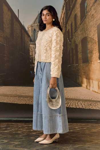 Shop_Maison Aguise_Ivory Silk, Net Round Neck 3d Rose Embellished Cropped Jacket _Online_at_Aza_Fashions