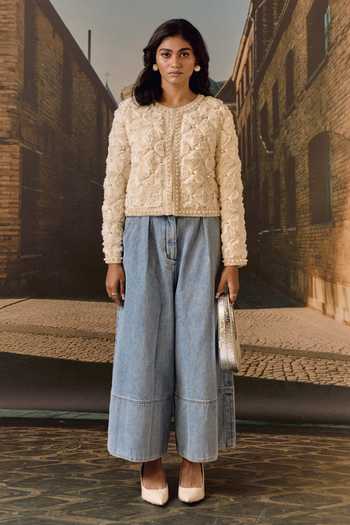 Maison Aguise_Ivory Silk, Net Round Neck 3d Rose Embellished Cropped Jacket _at_Aza_Fashions