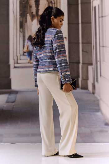 Maison Aguise_Blue Tweed Round Neck Textured Weave Jacket With Statement Brooch _Online_at_Aza_Fashions