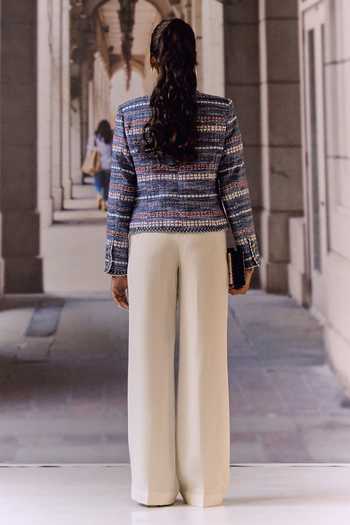 Shop_Maison Aguise_Blue Tweed Round Neck Textured Weave Jacket With Statement Brooch _at_Aza_Fashions