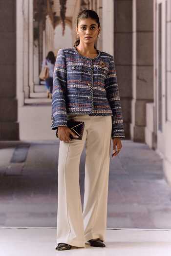 Buy_Maison Aguise_Blue Tweed Round Neck Textured Weave Jacket With Statement Brooch _Online_at_Aza_Fashions