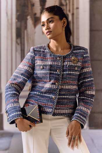 Buy_Maison Aguise_Blue Tweed Round Neck Textured Weave Jacket With Statement Brooch _at_Aza_Fashions