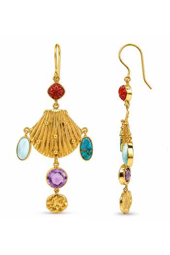 Shop_Arvino_Gold Plated Coral Turquoise And Amethyst Shell Earrings _at_Aza_Fashions
