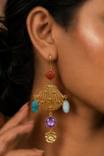 Buy_Arvino_Gold Plated Coral Turquoise And Amethyst Shell Earrings _Online_at_Aza_Fashions