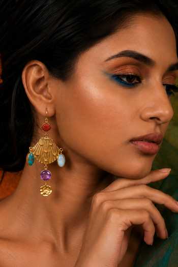 Buy_Arvino_Gold Plated Coral Turquoise And Amethyst Shell Earrings _at_Aza_Fashions