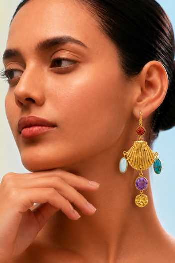 Shop_Arvino_Gold Plated Coral Turquoise And Amethyst Shell Earrings _Online_at_Aza_Fashions