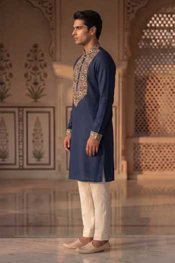 Buy_Prateek Munjal_Blue Cotton Kurta Pant Set _Online_at_Aza_Fashions