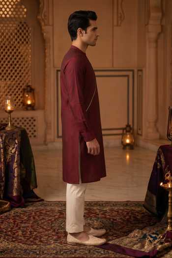 Prateek Munjal_Wine Cotton Kurta Pant Set _Online_at_Aza_Fashions