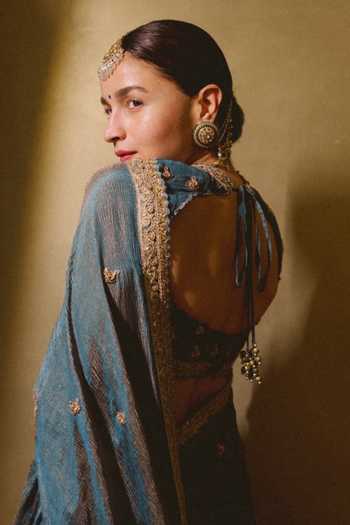 Shop_Punit Balana_Blue Silk, Tissue High Neck Ruffle Saree With Embroidered Blouse _at_Aza_Fashions