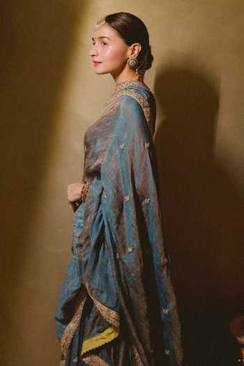 Punit Balana_Blue Silk, Tissue High Neck Ruffle Saree With Embroidered Blouse _Online_at_Aza_Fashions