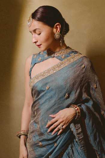 Shop_Punit Balana_Blue Silk, Tissue High Neck Ruffle Saree With Embroidered Blouse _Online_at_Aza_Fashions