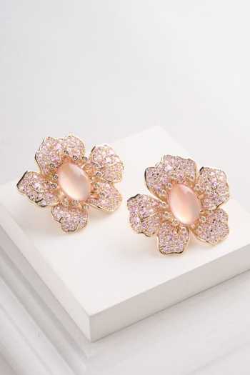 Shop_Mozaati_Gold Plated Oval Flower Earrings _at_Aza_Fashions