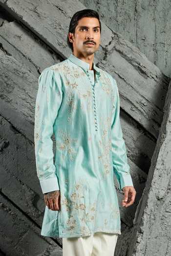 Shop_Sarab Khanijou_Blue Chanderi Silk Turquoise Floral Embroidered Short Kurta Set _at_Aza_Fashions