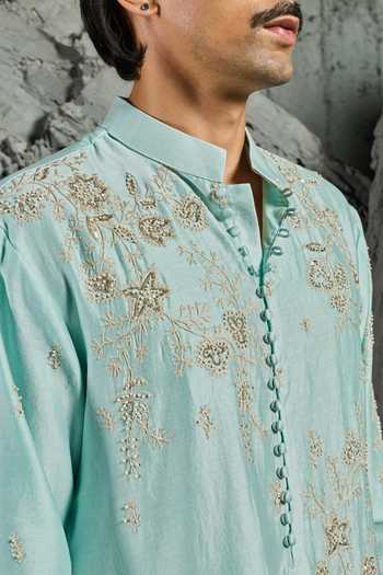 Buy_Sarab Khanijou_Blue Chanderi Silk Turquoise Floral Embroidered Short Kurta Set _Online_at_Aza_Fashions