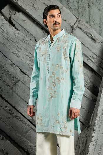Shop_Sarab Khanijou_Blue Chanderi Silk Turquoise Floral Embroidered Short Kurta Set _Online_at_Aza_Fashions