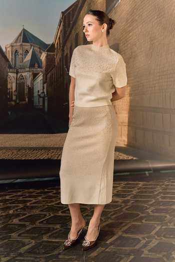 Buy_Maison Aguise_Beige Cashmere High Neck Swarovski Embellished Top And Skirt Co-ord Set _at_Aza_Fashions