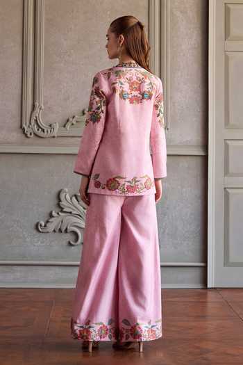 Shop_Kalista_Pink Silk Embroidery V-neck, Yes Celina Kurta And Palazzo Set _at_Aza_Fashions