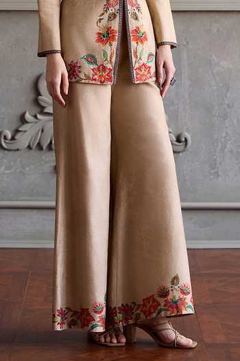 Buy_Kalista_Beige Silk Embroidery V-neck Celina Kurta And Palazzo Set _Online_at_Aza_Fashions