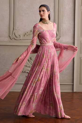Shop_Kalista_Pink Viscose Georgette, Net Square Neck Sanya Floral Print Anarkali With Dupatta _Online_at_Aza_Fashions