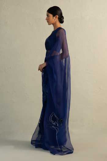 Charkhee_Blue Organza, Chanderi V-neck Applique Work Saree With Blouse _at_Aza_Fashions
