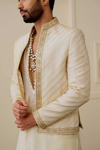 Buy_Gopi Vaid_Ivory Chanderi, Satin, Linen, Organza Ishaan Embroidered Jacket And Kurta Set _Online_at_Aza_Fashions