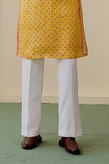Gopi Vaid_Yellow Satin, Linen Mahir Printed Kurta Set _Online_at_Aza_Fashions