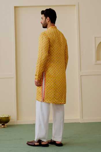 Shop_Gopi Vaid_Yellow Satin, Linen Mahir Printed Kurta Set _at_Aza_Fashions
