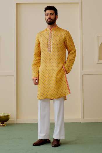 Buy_Gopi Vaid_Yellow Satin, Linen Mahir Printed Kurta Set _at_Aza_Fashions