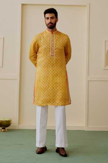 Buy_Gopi Vaid_Yellow Satin, Linen Mahir Printed Kurta Set _Online_at_Aza_Fashions