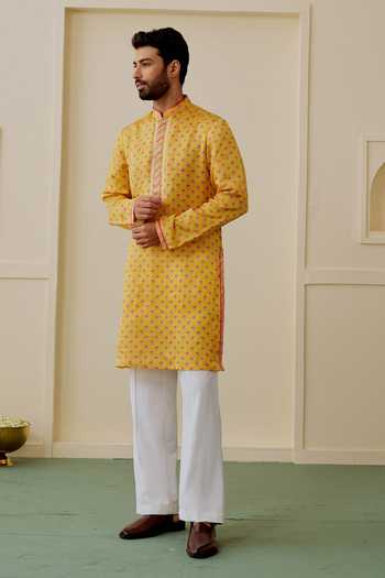 Shop_Gopi Vaid_Yellow Satin, Linen Mahir Printed Kurta Set _Online_at_Aza_Fashions