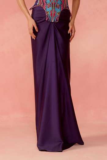 Label Moni K_Purple Georgette, Satin Embroidery, Sequins, Beads Square Corset And Skirt Set _Online_at_Aza_Fashions