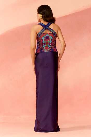 Shop_Label Moni K_Purple Georgette, Satin Embroidery, Sequins, Beads Square Corset And Skirt Set _at_Aza_Fashions