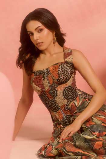 Shop_Label Moni K_Multi Color Crepe Beads, Tassels Square Savanna Embroidered Corset And Skirt Set _Online_at_Aza_Fashions