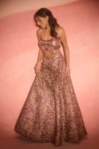 Buy_Label Moni K_Maroon Jacquard Scoop Neck Redlock Metallic Embroidered Lehenga And Blouse Set _Online_at_Aza_Fashions