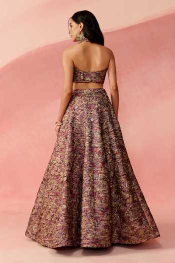 Shop_Label Moni K_Maroon Jacquard Scoop Neck Redlock Metallic Embroidered Lehenga And Blouse Set _at_Aza_Fashions