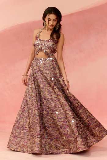 Shop_Label Moni K_Maroon Jacquard Scoop Neck Redlock Metallic Embroidered Lehenga And Blouse Set _Online_at_Aza_Fashions