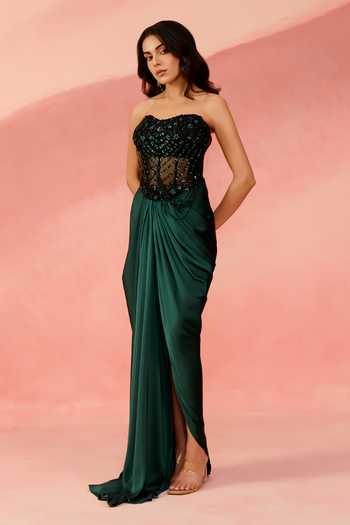 Shop_Label Moni K_Emerald Green Satin, Net Sweetheart Pre-draped Saree With Embellished Corset _at_Aza_Fashions